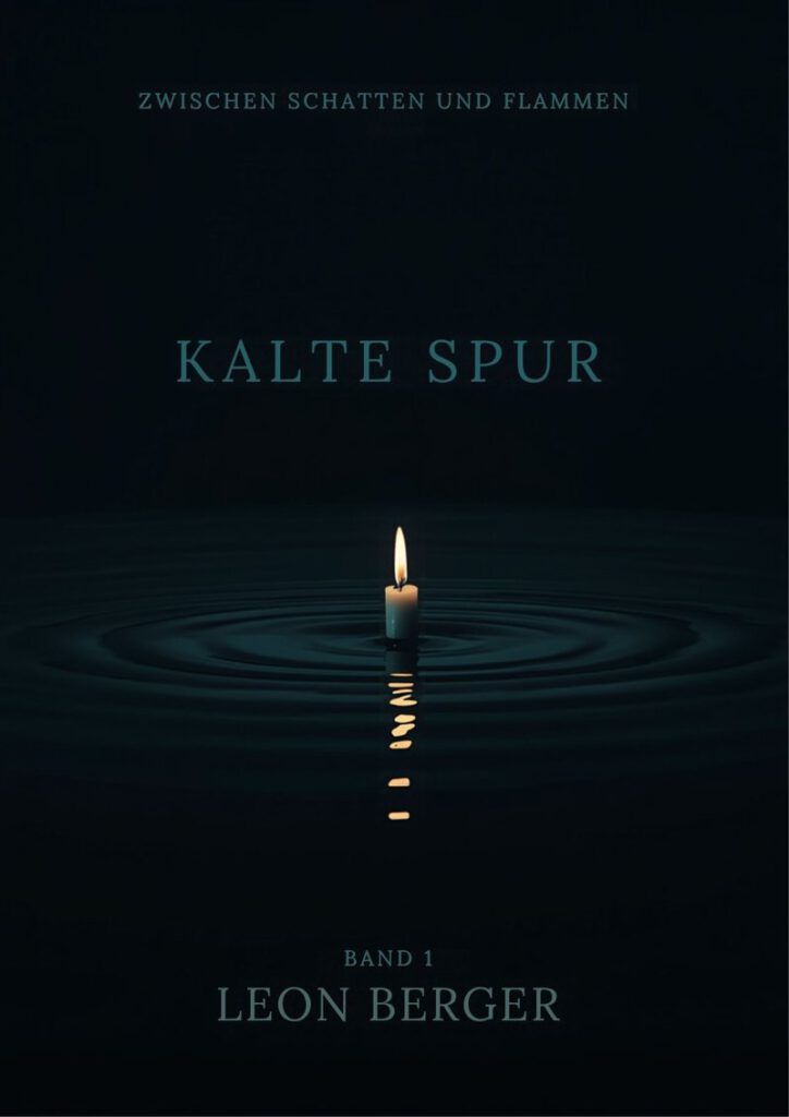Cover von Kalte Spur, Band 1 der Reihe Zwischen Schatten und Flammen von Leon Berger: eine brennende Kerze auf dunklem Wasser