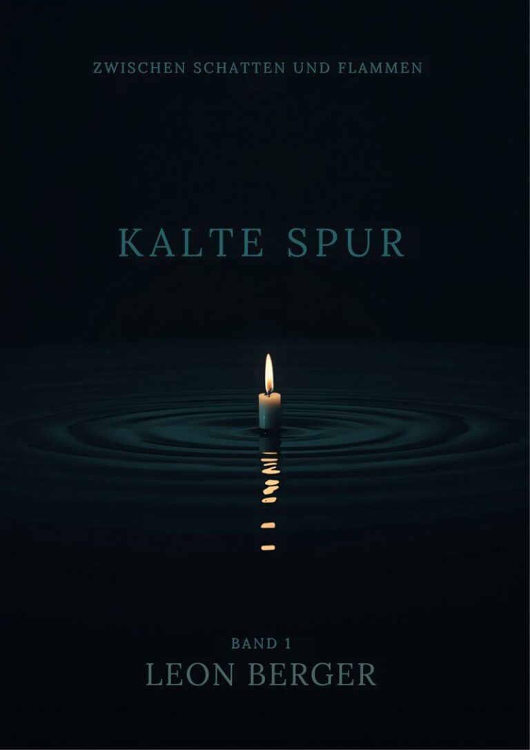 Cover von Kalte Spur, Band 1 der Reihe Zwischen Schatten und Flammen von Leon Berger: eine brennende Kerze auf dunklem Wasser