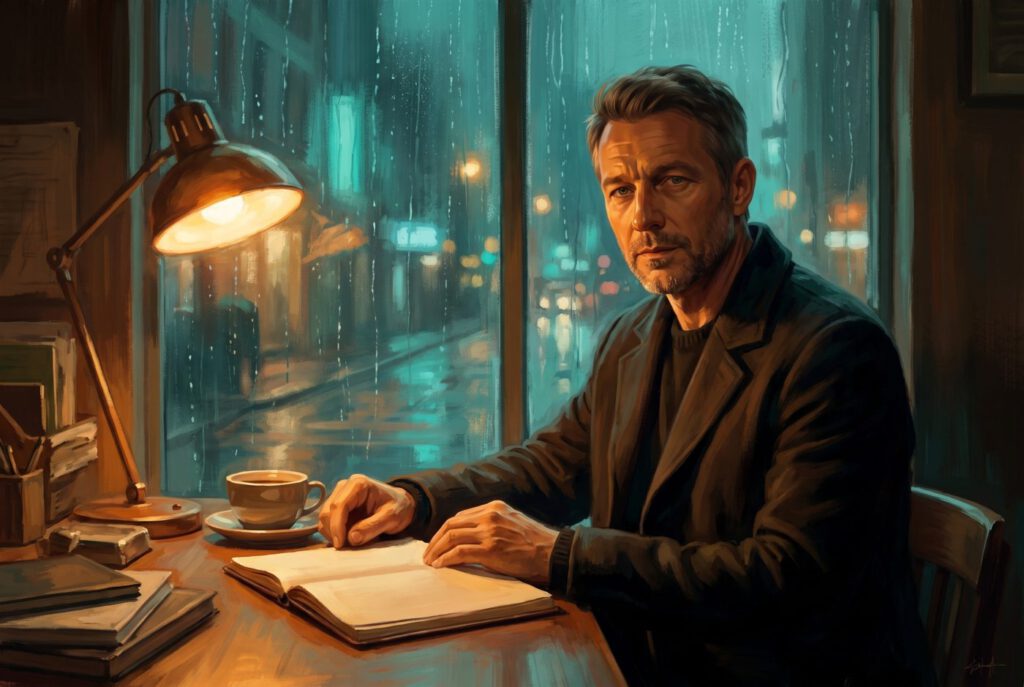 Illustration: Leon Berger an einem Schreibtisch mit Lampe und Kaffeetasse vor einem regennassen Fenster bei Nacht
